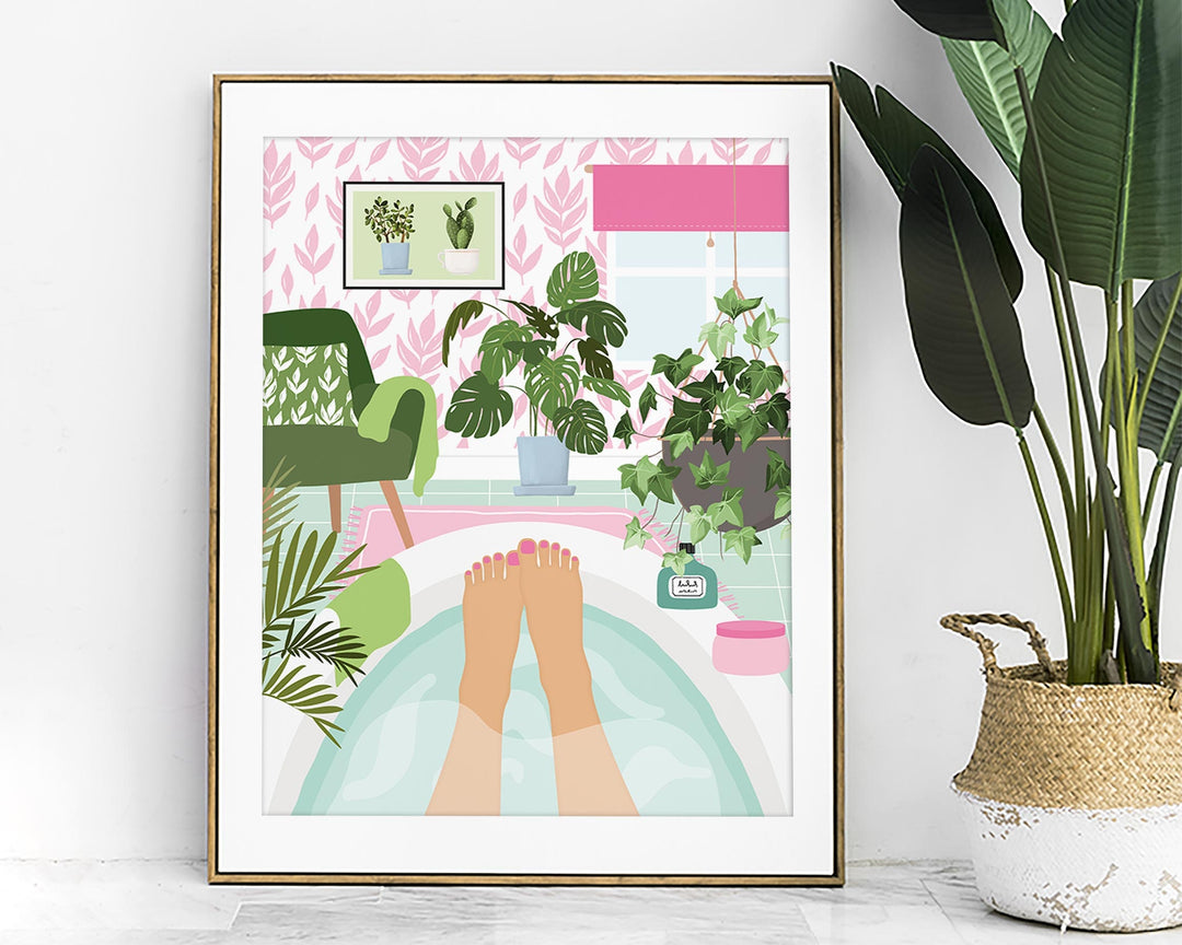 Botanical Bathroom Bathtub Art Print, Boho Bathroom Self Care Tropical Wall Art, House Plants in Bathroom Wall Decor, Maximalist Home Decor