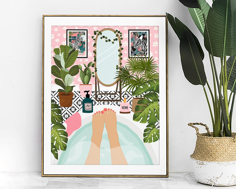 Botanical Bathroom Bathtub Art Print, Boho Bathroom Tropical Wall Art, Self Care Plants in Bathroom Wall Decor, Maximalist Eclectic Decor