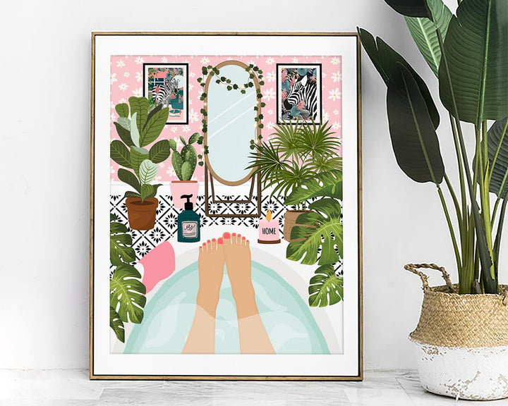 Botanical Bathroom Bathtub Art Print, Boho Bathroom Tropical Wall Art, Self Care Plants in Bathroom Wall Decor, Maximalist Eclectic Decor