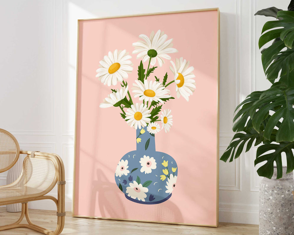 Pink Daisy Print Flower Wall Art, Abstract Daisies Botanical Print, Wild Flowers in Vase Print, Colourful Bunch of Flowers Modern Art Poster