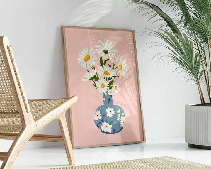 Pink Daisy Print Flower Wall Art, Abstract Daisies Botanical Print, Wild Flowers in Vase Print, Colourful Bunch of Flowers Modern Art Poster