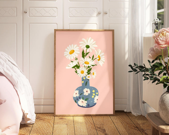 Pink Daisy Print Flower Wall Art, Abstract Daisies Botanical Print, Wild Flowers in Vase Print, Colourful Bunch of Flowers Modern Art Poster