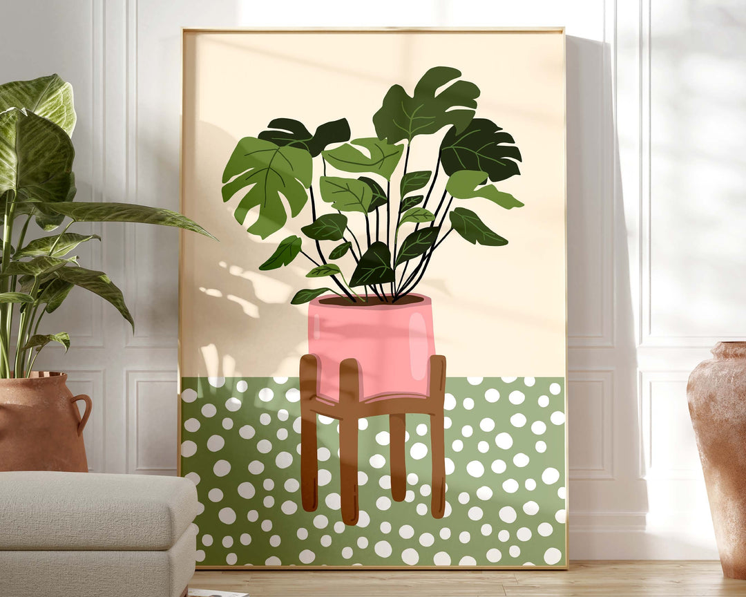 Monstera Leaf Houseplants Print, Cute Plants Botanical Wall Art, Boho Polka Dot Houseplant Wall Decor, Quirky Indoor Plant, Plant Lover Gift