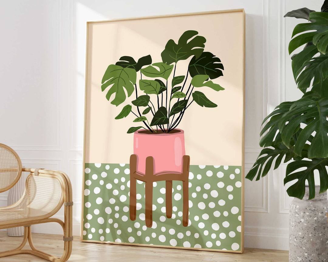 Monstera Leaf Houseplants Print, Cute Plants Botanical Wall Art, Boho Polka Dot Houseplant Wall Decor, Quirky Indoor Plant, Plant Lover Gift