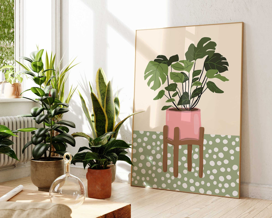 Monstera Leaf Houseplants Print, Cute Plants Botanical Wall Art, Boho Polka Dot Houseplant Wall Decor, Quirky Indoor Plant, Plant Lover Gift