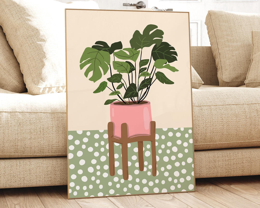Monstera Leaf Houseplants Print, Cute Plants Botanical Wall Art, Boho Polka Dot Houseplant Wall Decor, Quirky Indoor Plant, Plant Lover Gift