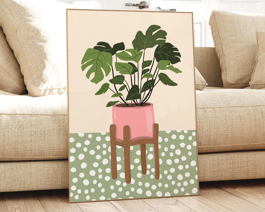 Monstera Leaf Houseplants Print, Cute Plants Botanical Wall Art, Boho Polka Dot Houseplant Wall Decor, Quirky Indoor Plant, Plant Lover Gift