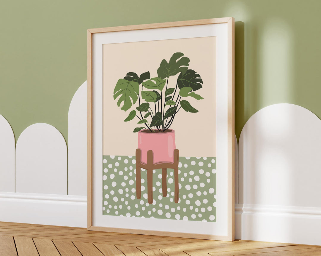 Monstera Leaf Houseplants Print, Cute Plants Botanical Wall Art, Boho Polka Dot Houseplant Wall Decor, Quirky Indoor Plant, Plant Lover Gift