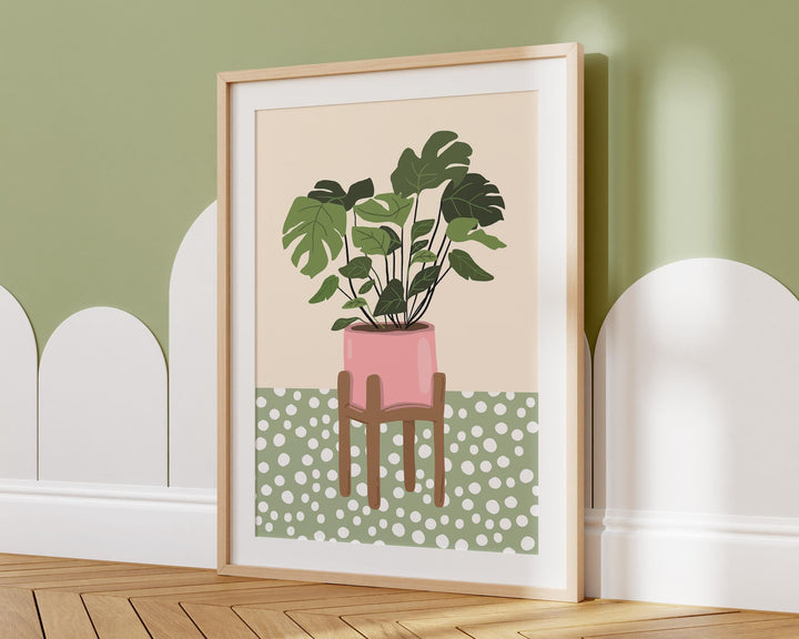Monstera Leaf Houseplants Print, Cute Plants Botanical Wall Art, Boho Polka Dot Houseplant Wall Decor, Quirky Indoor Plant, Plant Lover Gift