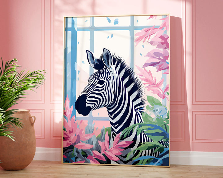 Tropical Zebra Bathroom Animal Print, Colourful Modern Fun Bathroom Home Decor, Pink Animal Poster, Eclectic Botanical Bathroom Wall Art
