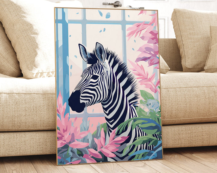 Tropical Zebra Bathroom Animal Print, Colourful Modern Fun Bathroom Home Decor, Pink Animal Poster, Eclectic Botanical Bathroom Wall Art