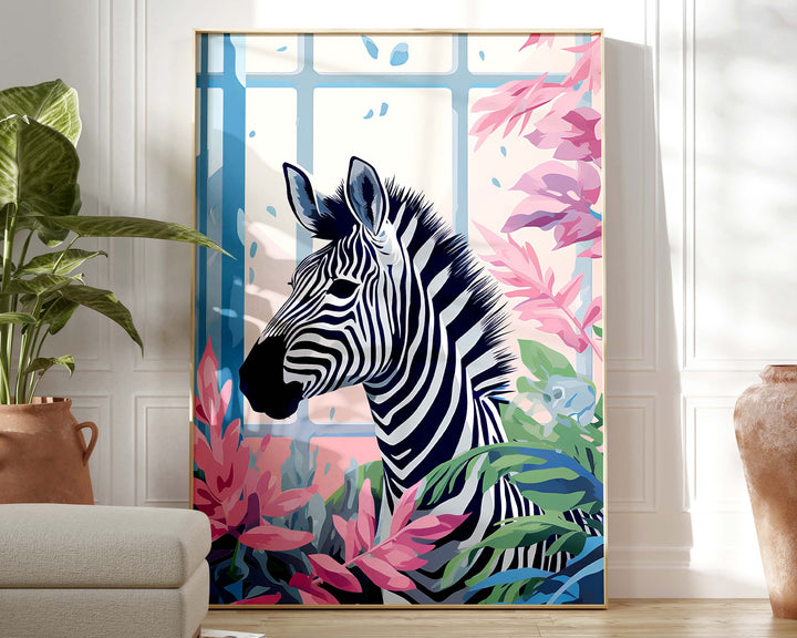 Tropical Zebra Bathroom Animal Print, Colourful Modern Fun Bathroom Home Decor, Pink Animal Poster, Eclectic Botanical Bathroom Wall Art