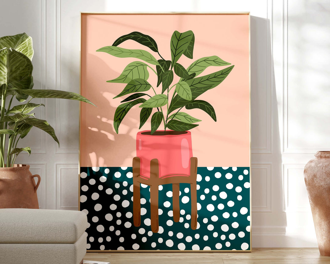Monstera Leaf Plant Print, Dalmation Polkadot Pink Plant Print, Boho Houseplant Wall Art, Plant Lover Gift, Potted Plant Art Print Poster