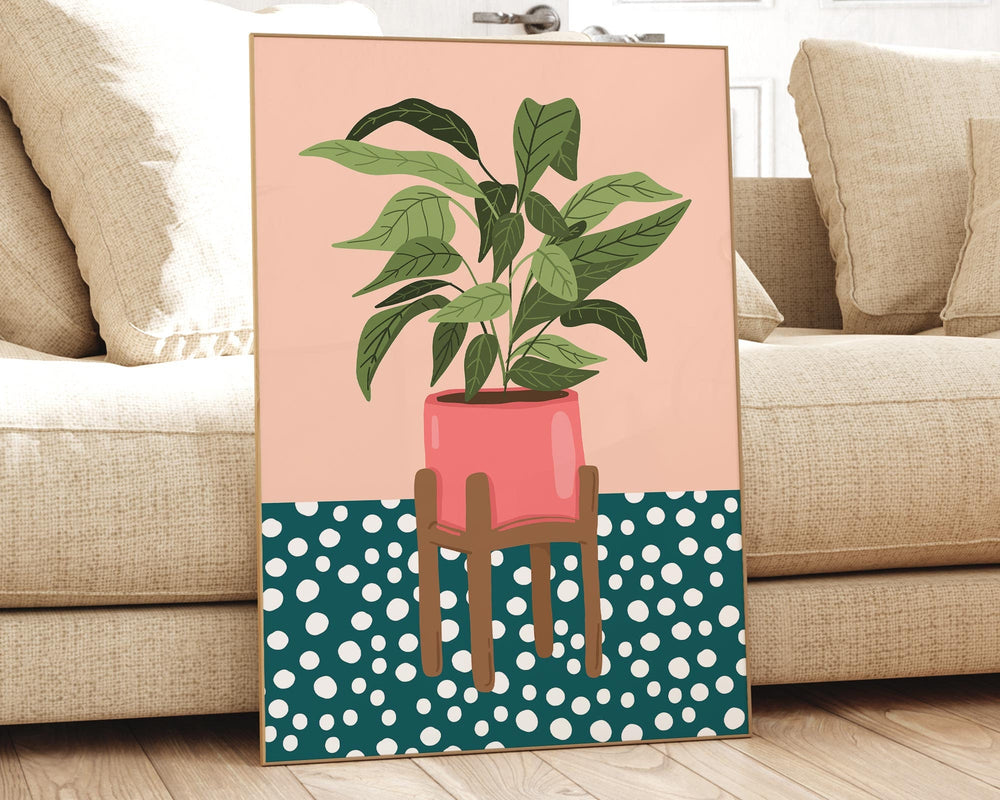 Monstera Leaf Plant Print, Dalmation Polkadot Pink Plant Print, Boho Houseplant Wall Art, Plant Lover Gift, Potted Plant Art Print Poster