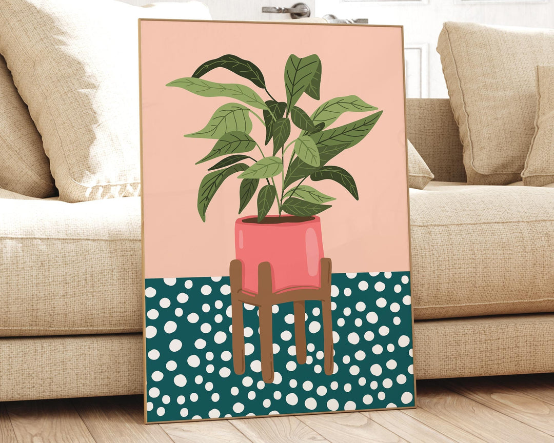 Monstera Leaf Plant Print, Dalmation Polkadot Pink Plant Print, Boho Houseplant Wall Art, Plant Lover Gift, Potted Plant Art Print Poster