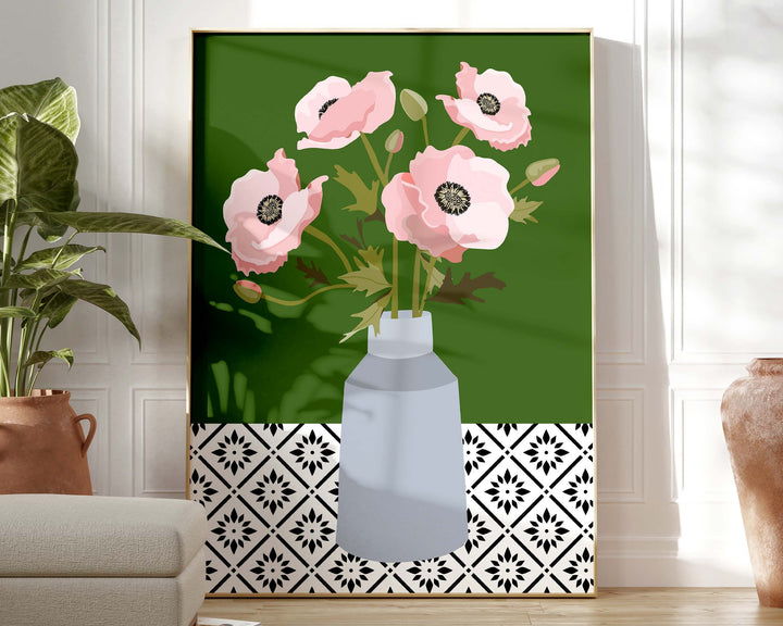 Pink Botanical Poppy Flower Print, Boho Spring Flower Vase Wall Art, Abstract Flowers Poster, Cottagecore Home Decor, Geometric Floral Print