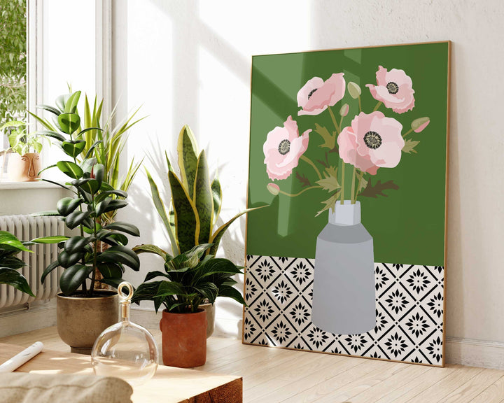 Pink Botanical Poppy Flower Print, Boho Spring Flower Vase Wall Art, Abstract Flowers Poster, Cottagecore Home Decor, Geometric Floral Print