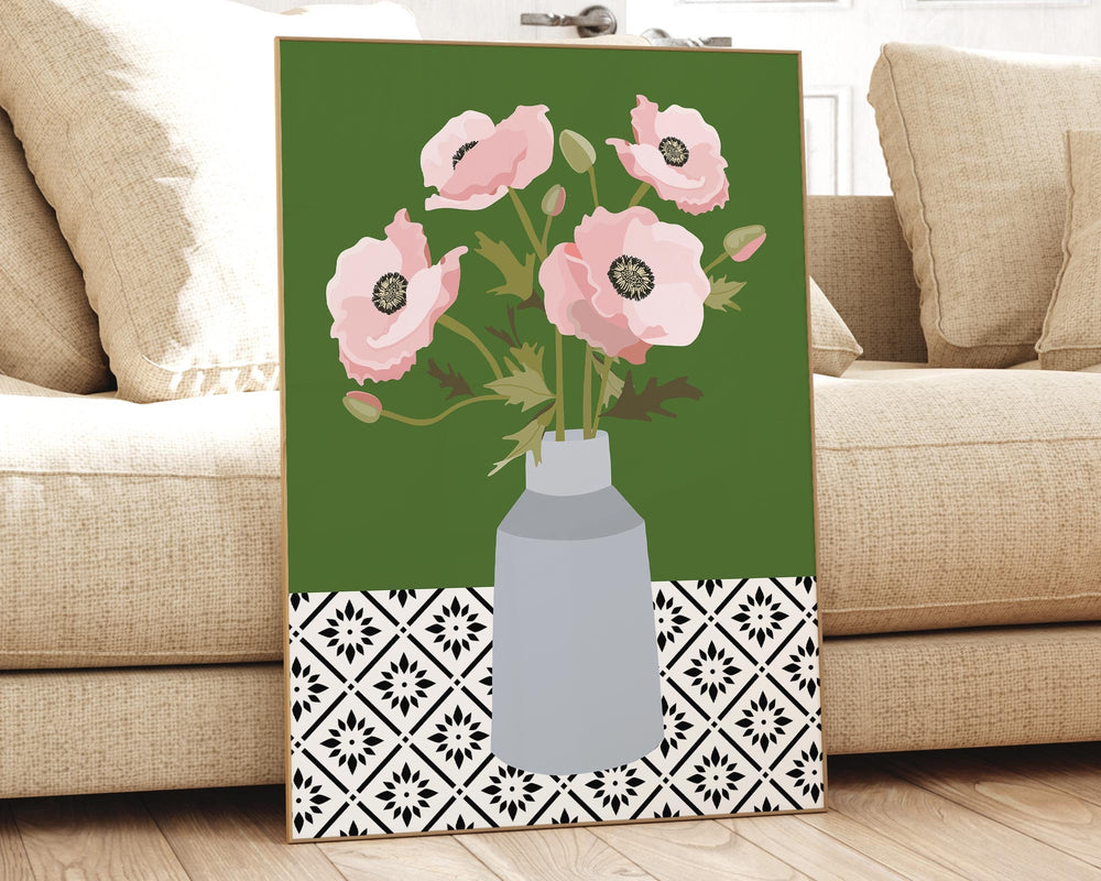 Pink Botanical Poppy Flower Print, Boho Spring Flower Vase Wall Art, Abstract Flowers Poster, Cottagecore Home Decor, Geometric Floral Print