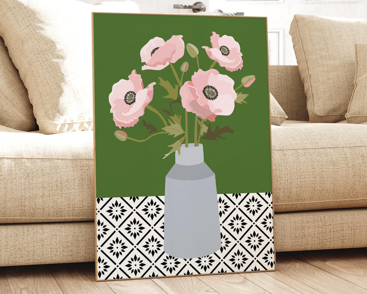 Pink Botanical Poppy Flower Print, Boho Spring Flower Vase Wall Art, Abstract Flowers Poster, Cottagecore Home Decor, Geometric Floral Print