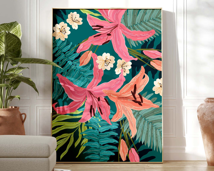 Bright Tropical Pattern Botanical Poster Wall Art, Exotic Floral Jungle Leaves Print, Bold Abstract Flowers Trendy Poster, Eclectic Decor