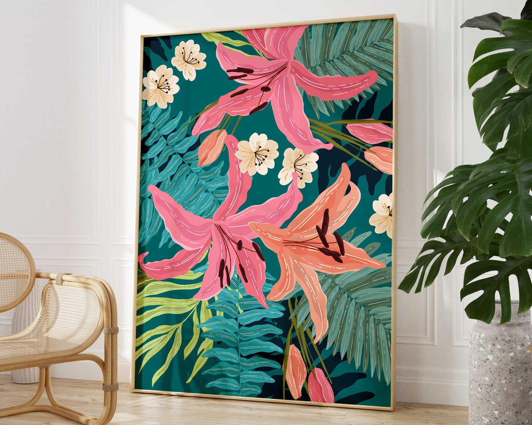 Bright Tropical Pattern Botanical Poster Wall Art, Exotic Floral Jungle Leaves Print, Bold Abstract Flowers Trendy Poster, Eclectic Decor