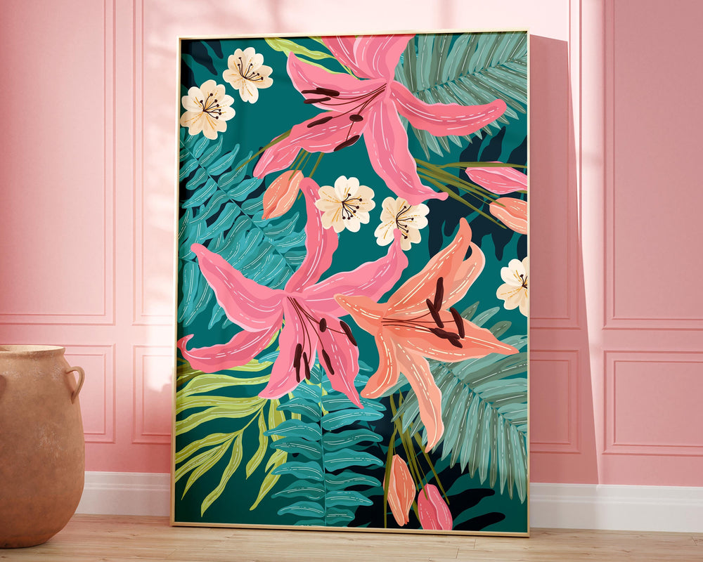 Bright Tropical Pattern Botanical Poster Wall Art, Exotic Floral Jungle Leaves Print, Bold Abstract Flowers Trendy Poster, Eclectic Decor