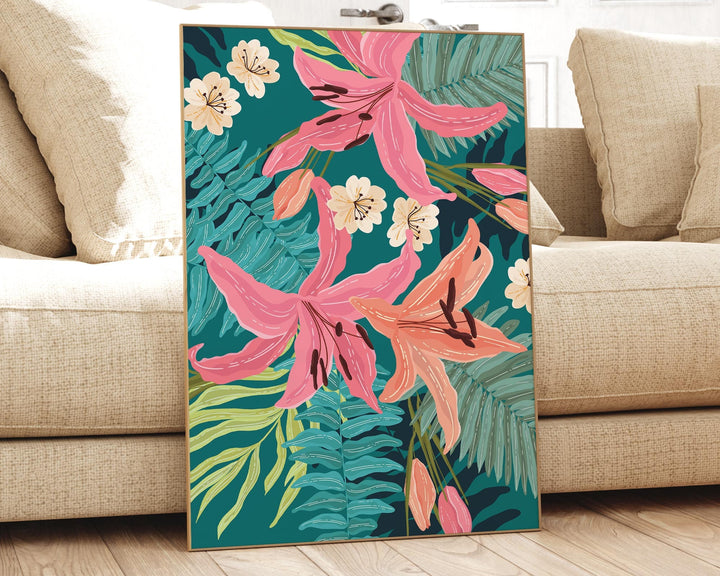 Bright Tropical Pattern Botanical Poster Wall Art, Exotic Floral Jungle Leaves Print, Bold Abstract Flowers Trendy Poster, Eclectic Decor