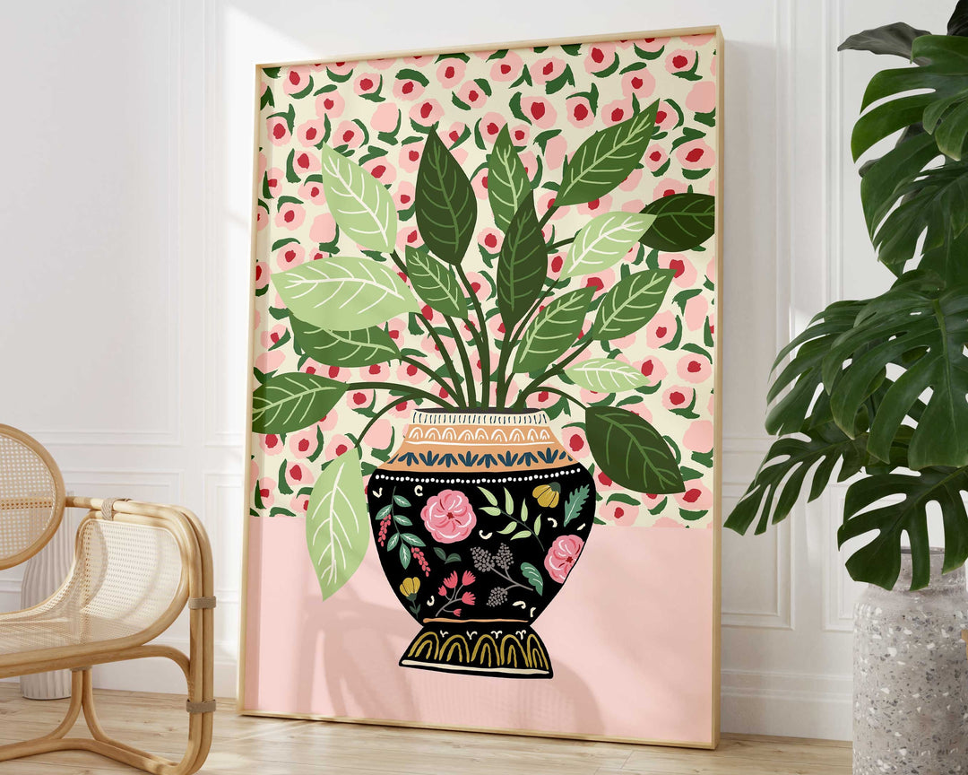 Antique Vase Modern Plants Print, Pink Floral Vase Botanical Plant Wall Art, Quirky Indoor Houseplant Print, Mediterranean Plant Pot Poster