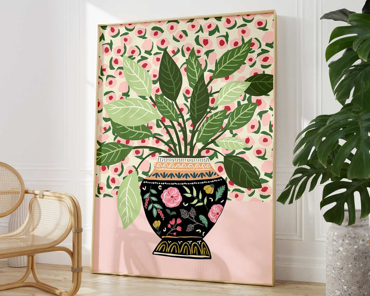 Antique Vase Modern Plants Print, Pink Floral Vase Botanical Plant Wall Art, Quirky Indoor Houseplant Print, Mediterranean Plant Pot Poster