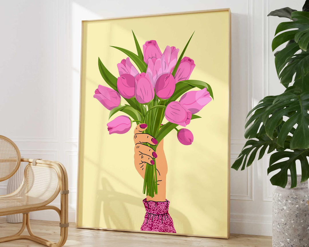 Pink Tulip Abstract Wall Art Print, Pastel Yellow Flower Wall Decor, Spring Flowers Boho Bouquet, Trendy Colourful Botanical Flower Print