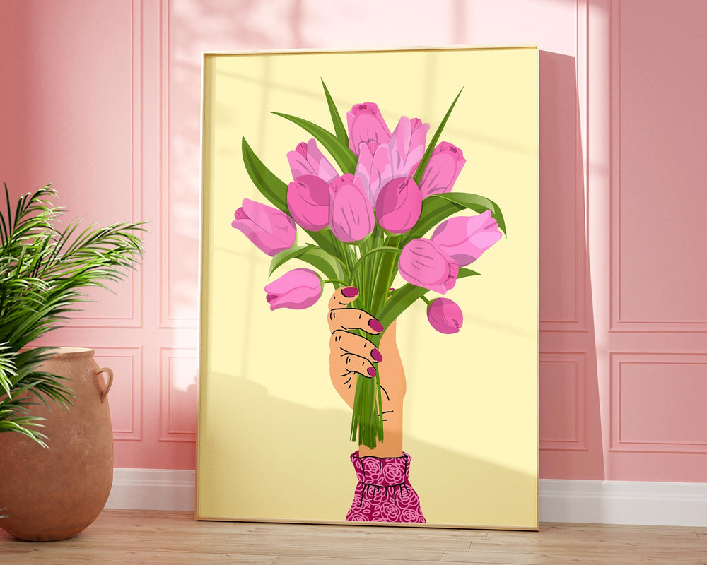 Pink Tulip Abstract Wall Art Print, Pastel Yellow Flower Wall Decor, Spring Flowers Boho Bouquet, Trendy Colourful Botanical Flower Print