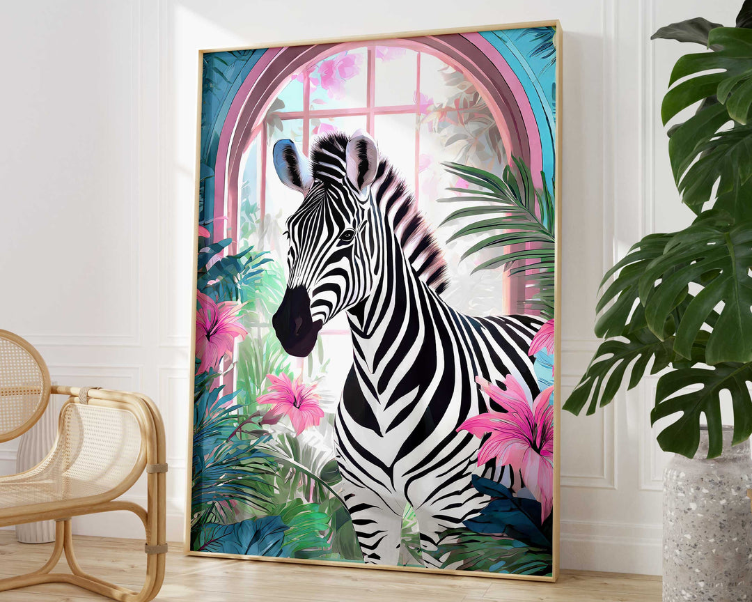 Tropical Zebra Animal Print, Colourful Modern Tropical Home Decor, Pink Animal Art Poster, Eclectic Botanical Living Room Bathroom Wall Art