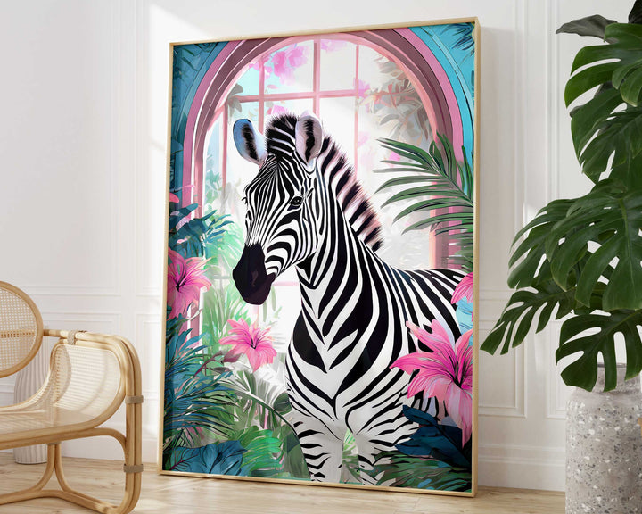 Tropical Zebra Animal Print, Colourful Modern Tropical Home Decor, Pink Animal Art Poster, Eclectic Botanical Living Room Bathroom Wall Art