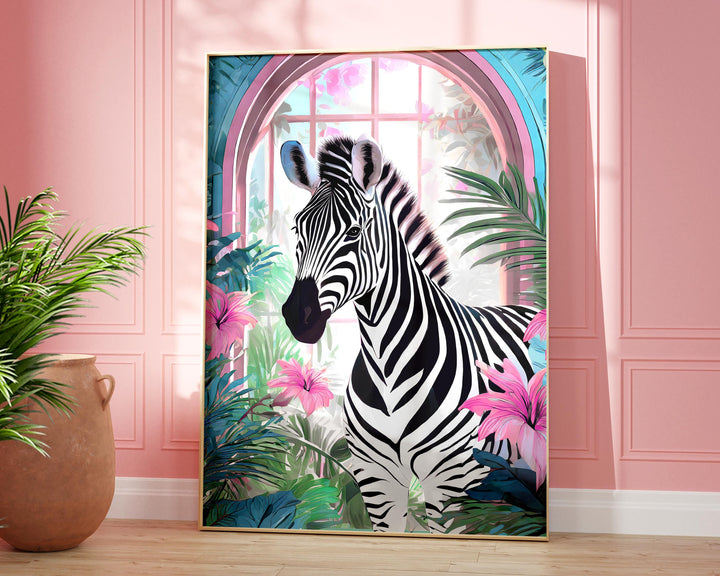 Tropical Zebra Animal Print, Colourful Modern Tropical Home Decor, Pink Animal Art Poster, Eclectic Botanical Living Room Bathroom Wall Art