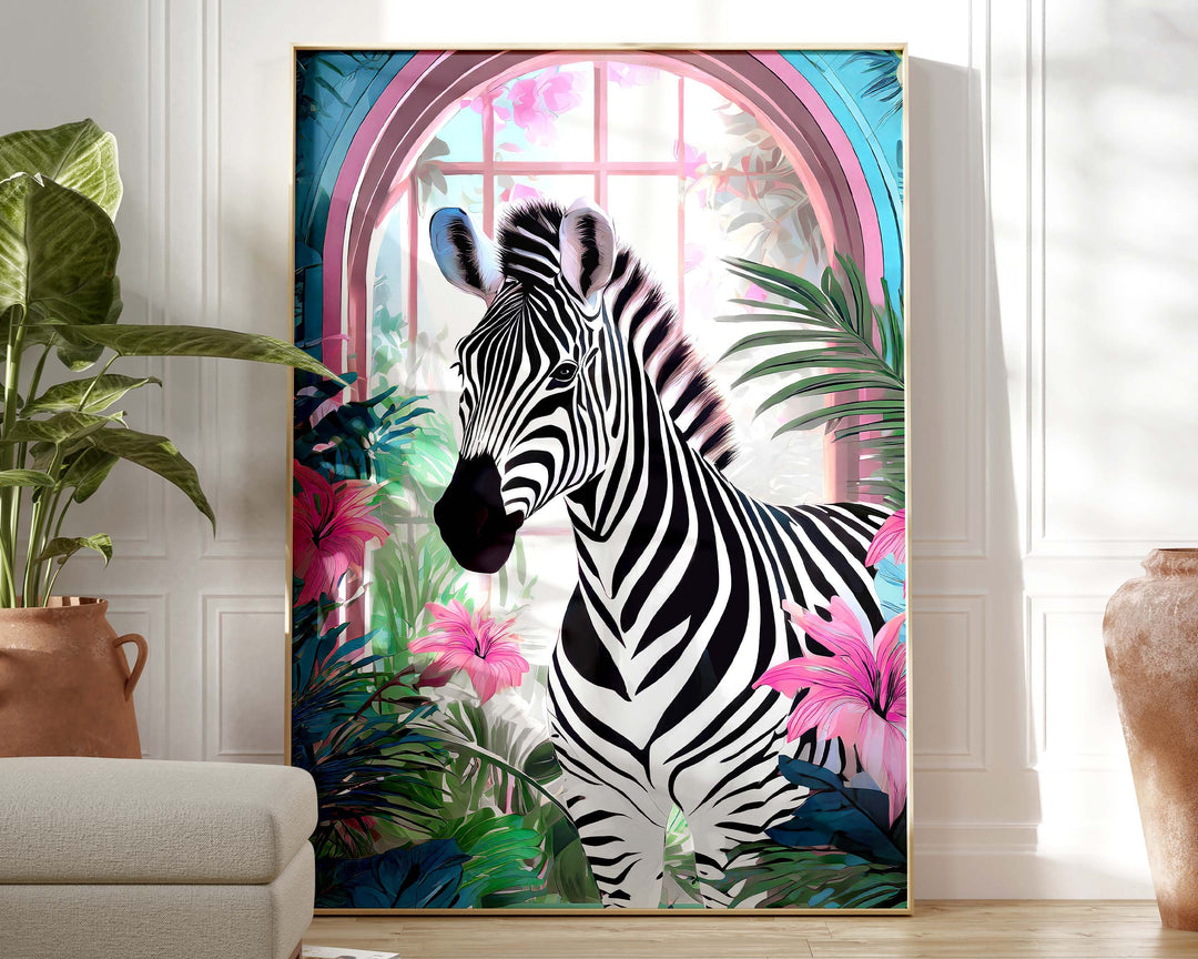 Tropical Zebra Animal Print, Colourful Modern Tropical Home Decor, Pink Animal Art Poster, Eclectic Botanical Living Room Bathroom Wall Art