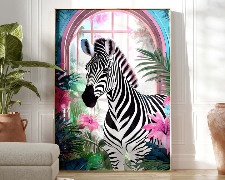 Tropical Zebra Animal Print, Colourful Modern Tropical Home Decor, Pink Animal Art Poster, Eclectic Botanical Living Room Bathroom Wall Art