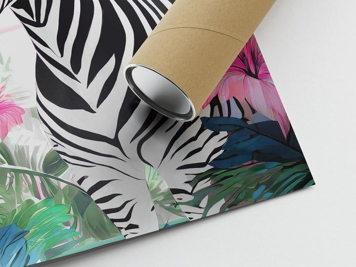 Tropical Zebra Animal Print, Colourful Modern Tropical Home Decor, Pink Animal Art Poster, Eclectic Botanical Living Room Bathroom Wall Art