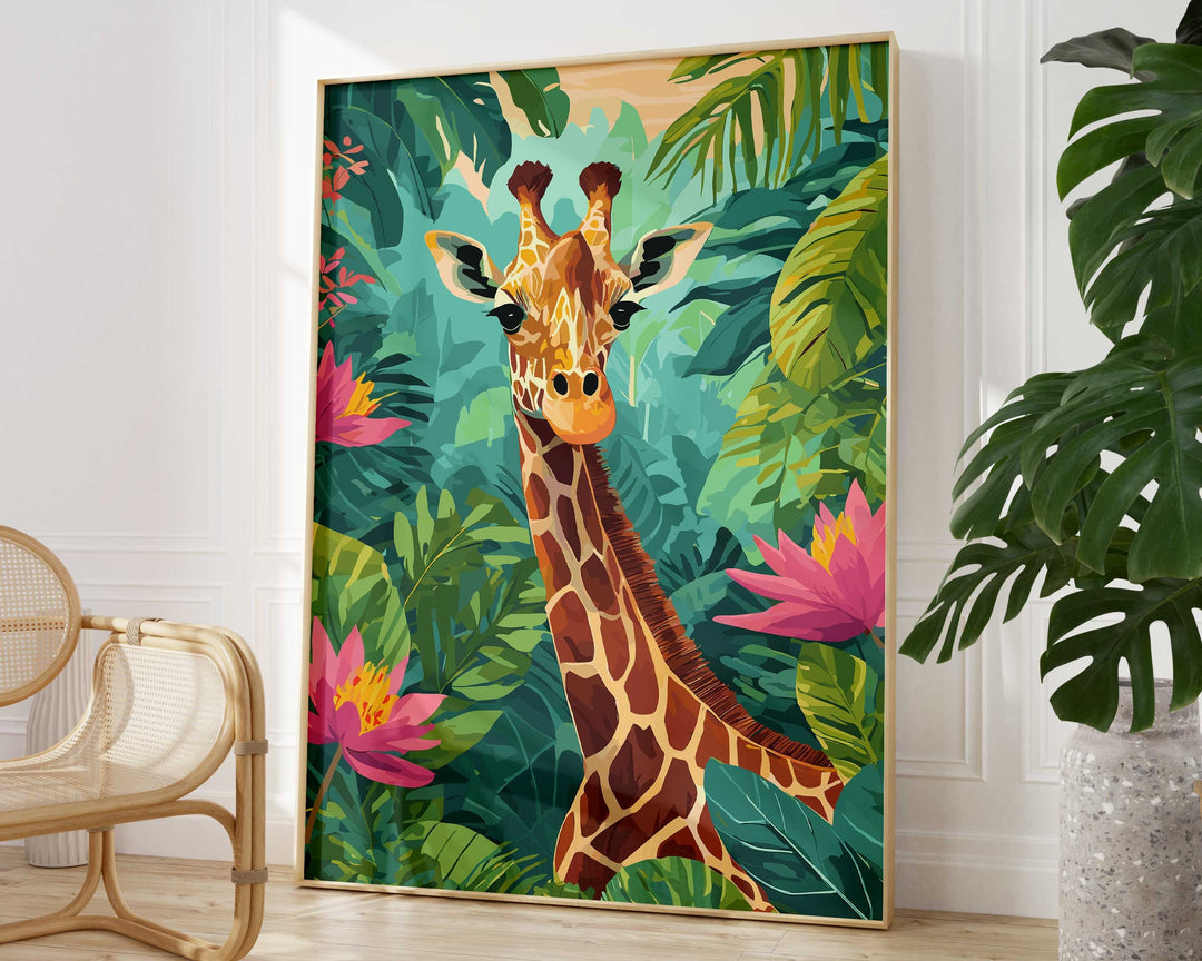 Tropical Giraffe Animal Print, Colourful Rainforest Jungle Print, Animal Poster, Botanical Living Room Wall Art Inspired By Henri Rousseau