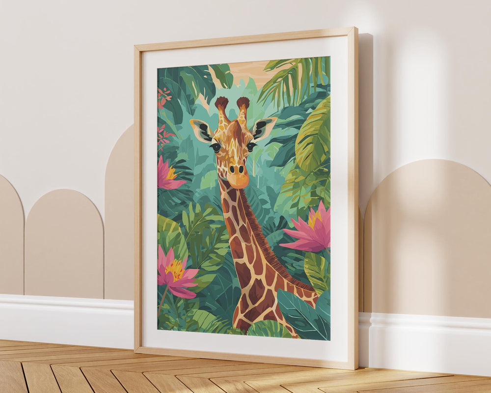 Tropical Giraffe Animal Print, Colourful Rainforest Jungle Print, Animal Poster, Botanical Living Room Wall Art Inspired By Henri Rousseau