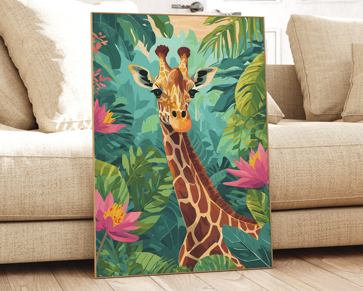 Tropical Giraffe Animal Print, Colourful Rainforest Jungle Print, Animal Poster, Botanical Living Room Wall Art Inspired By Henri Rousseau