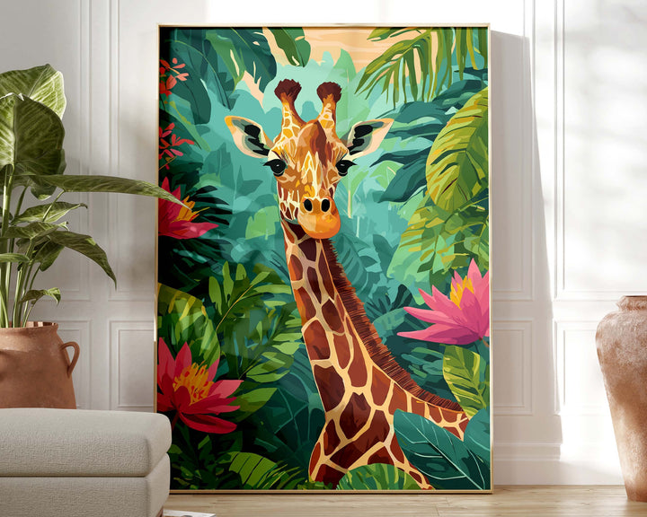 Tropical Giraffe Animal Print, Colourful Rainforest Jungle Print, Animal Poster, Botanical Living Room Wall Art Inspired By Henri Rousseau
