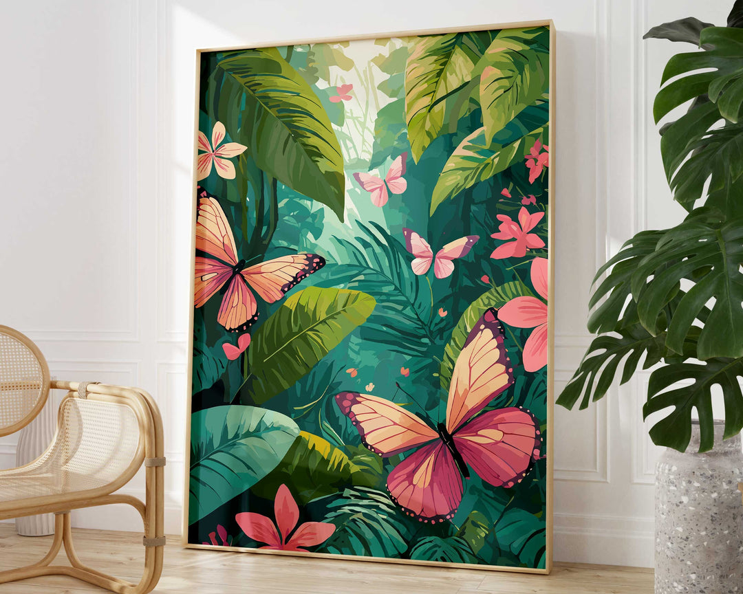 Tropical Rainforest Butterflies Print, Colourful Jungle Wildlife Illustration, Botanical Living Room Wall Art, Inspired By Henri Rousseau