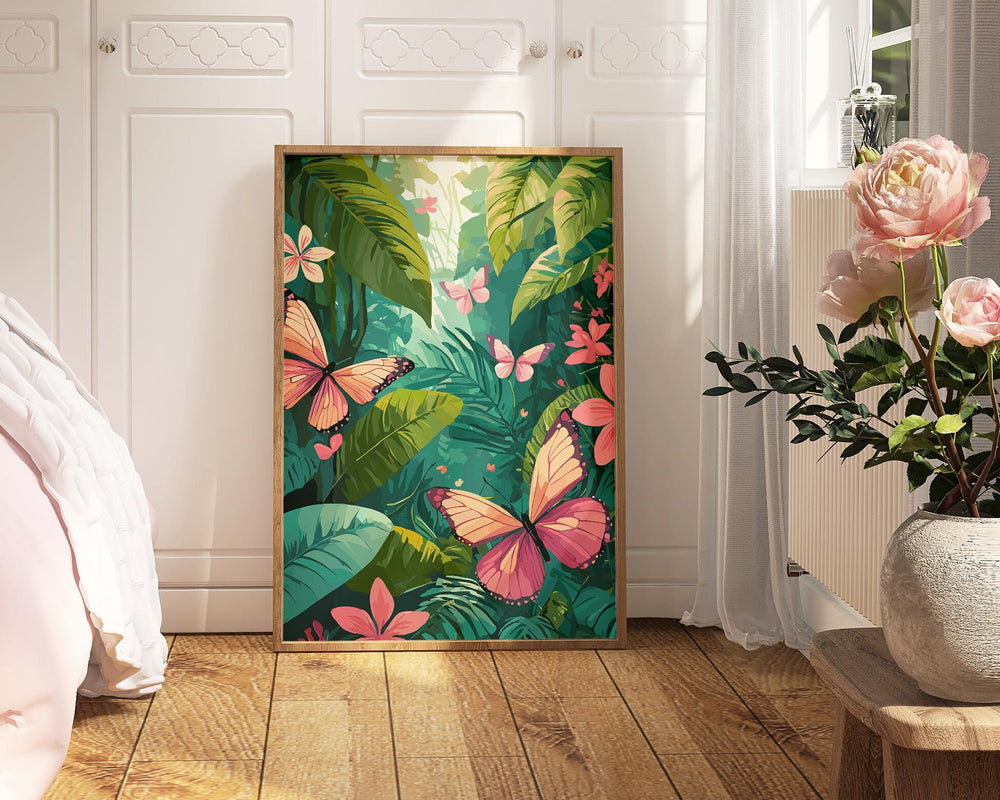 Tropical Rainforest Butterflies Print, Colourful Jungle Wildlife Illustration, Botanical Living Room Wall Art, Inspired By Henri Rousseau
