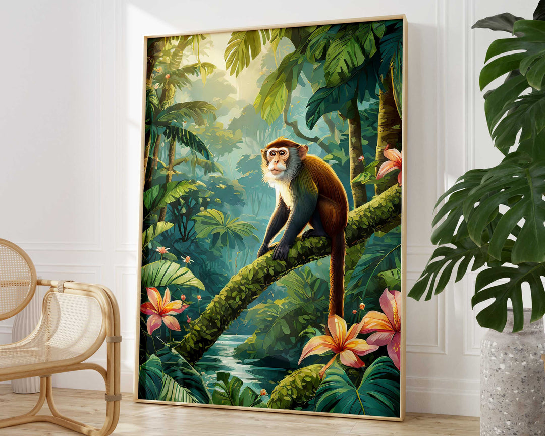 Colourful Rainforest Jungle print with monkeys, botanical plants and flowers. Inspired By Henri Rousseau