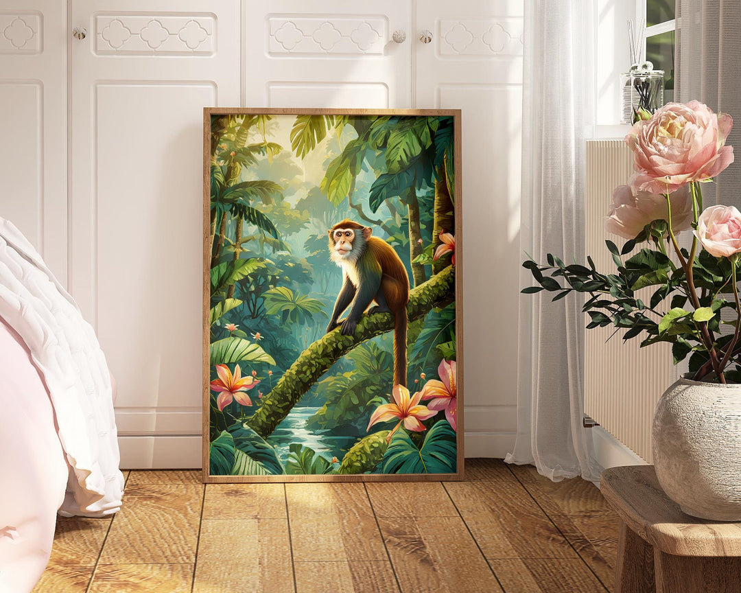 Colourful Rainforest Jungle print with monkeys, botanical plants and flowers. Inspired By Henri Rousseau