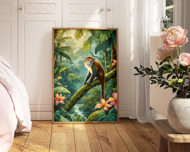 Colourful Rainforest Jungle print with monkeys, botanical plants and flowers. Inspired By Henri Rousseau