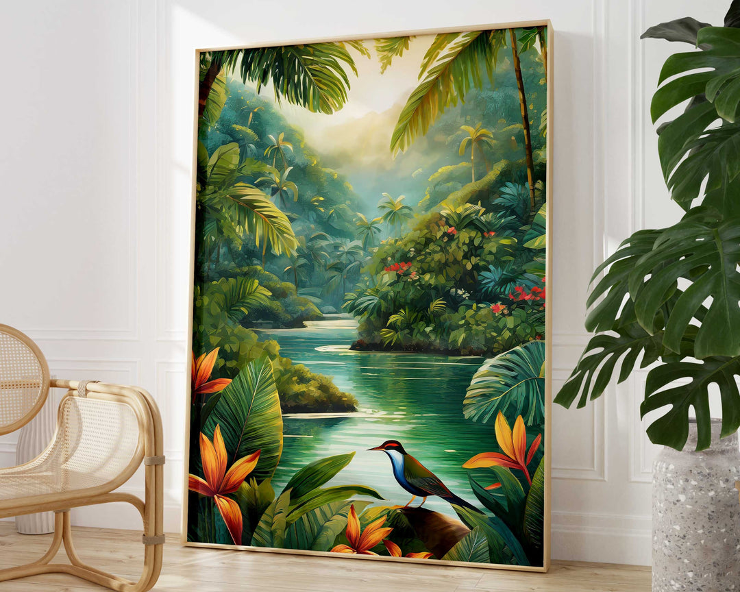 Tropical Bird Botanical Print, Colourful Rainforest Jungle Wall Art, Animal Poster, Botanical Plants Flower Art Inspired By Henri Rousseau
