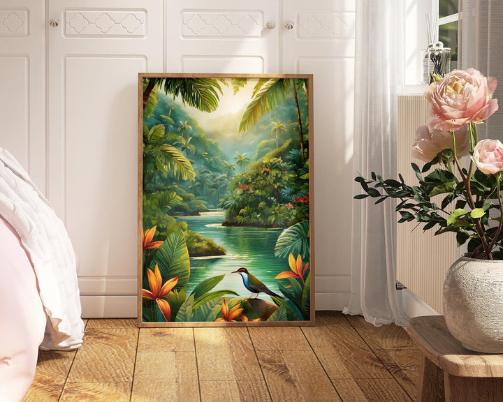 Tropical Bird Botanical Print, Colourful Rainforest Jungle Wall Art, Animal Poster, Botanical Plants Flower Art Inspired By Henri Rousseau