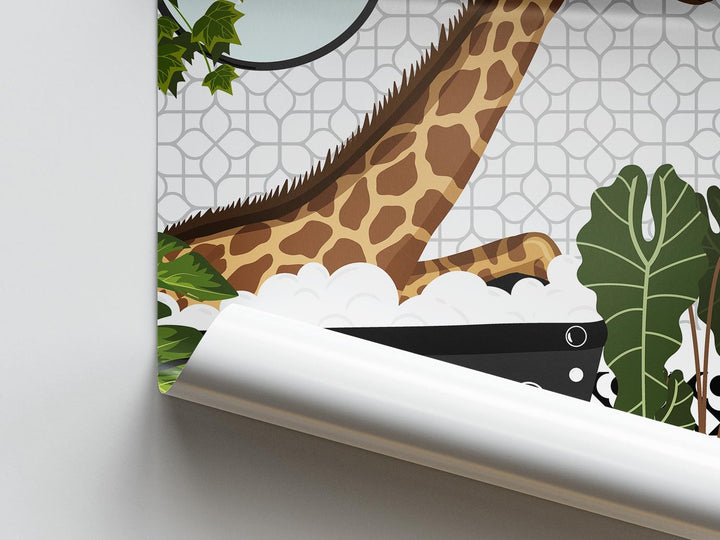 Giraffe in Bathtub Monochrome Fun Bathroom Print, Animal in Bath Botanical Bathroom Wall Art, Black And White Nursery Print, Playroom Decor