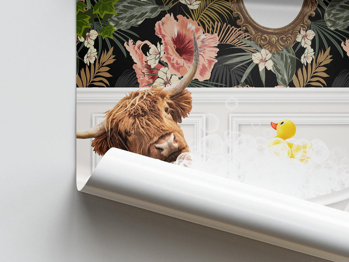 Scottish Highland Cow in Bath Print, Colourful Animal in Bathtub Art, Vintage Bathroom Decor, Funny Bathroom Print, Whimsical Animal Art